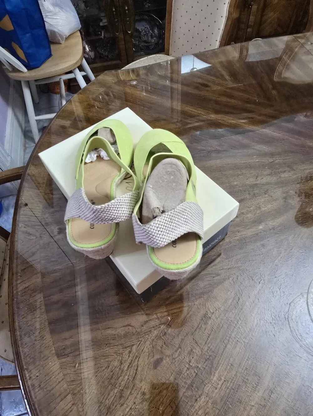 comfortview Lime Green Espadrille Wedge Sandals with Beige Back Strap